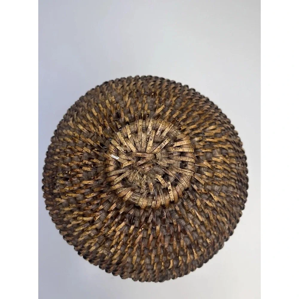 VTG Rattan Wicker Lidded Basket Ginger Jar Woven Coil Cane Storage‎ Vase